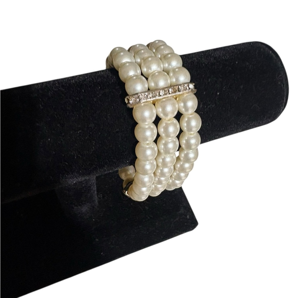 Triple-Strand Pearl Bracelet with Rhinestone Bar
